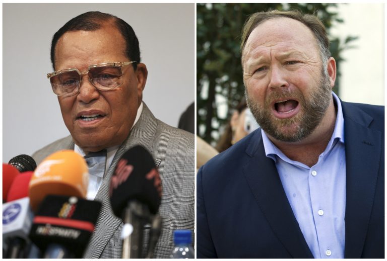 AP Photo, Louis Farrakhan,En esta combinación de fotografías se muestra a Louis Farrakhan, en Teherán, Irán, el 8 de noviembre de 2018 (izquierda), y a Alex Jones en Washington el 5 de septiembre de 2018. (AP Foto)