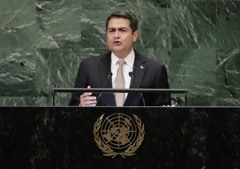 AP Photo, Juan Orlando Hernandez,En esta foto de archivo, el presidente de Honduras, Juan Orlando Hernández, habla ante la Asamblea General de Naciones Unidas , en Nueva York, el 26 de septiembre del 2018. (AP Photo/Frank Franklin II, File)