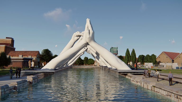 AP Photo,Reproducción artística de seis pares de manos que crean un puente sobre una vía fluvial veneciana, obra del italiano Lorenzo Quinn para la Bienal de Venecia de arte contemporáneo. (BLJ via AP)