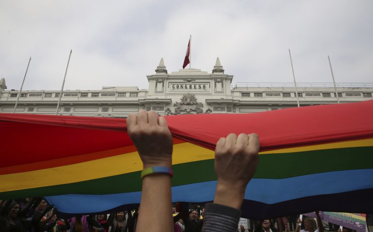 AP Photo,Miembros de la comunidad LGBT llevan la bandera del orgullo gay durante una protesta en la que demandan igualdad de derechos frente a Congreso peruano en Lima el jueves 27 de junio de 2019. (AP Foto/Martin Mejia)