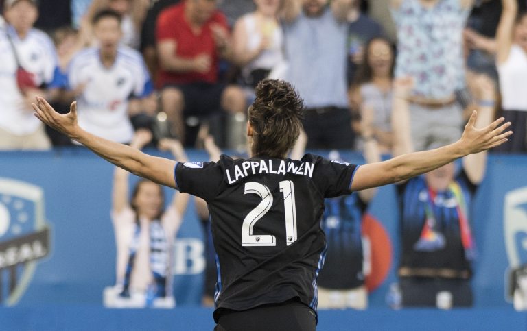 AP Photo,El jugador del Impact de Montreal Lassi Lappalainen celebra un gol en la primera  mitad de su juego de MLS contra el Union de Filadelfia, el sábado 27 de julio de 2019. (Graham Hughes/The Canadian Press via AP)