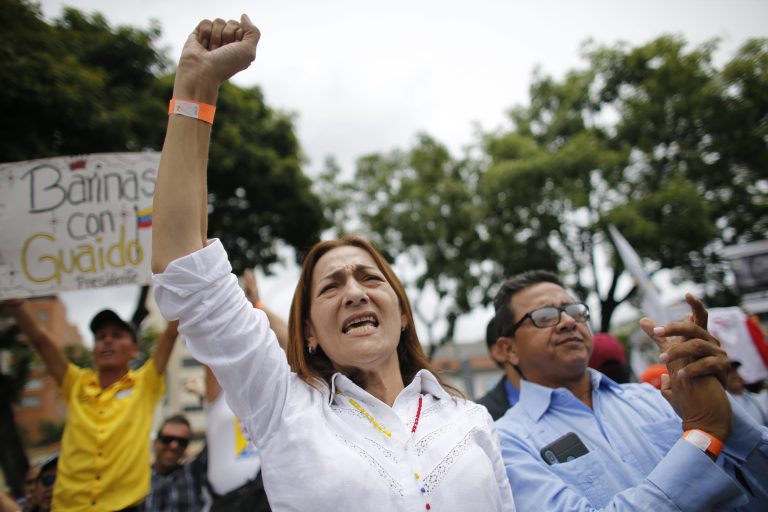 AP Photo,Una partidaria del presidente encargado venezolano Juan Guaidó eleva su puño durante una sesión de la Asamblea Nacional en una plaza de Caracas, Venezuela, el martes 23 de julio de 2019. (AP Foto/Ariana Cubillos)