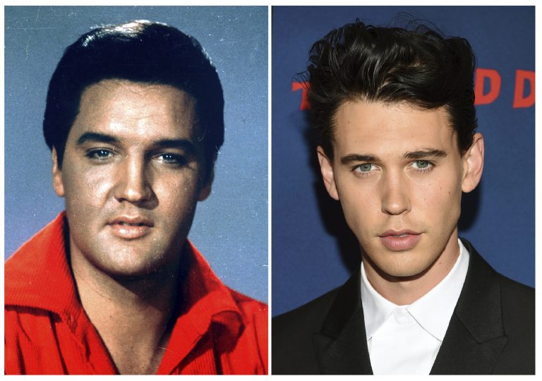 AP Photo,Una combinación de fotografías con el cantante y actor Elvis Presley en una fotografía de 1964, izquierda, y el actor Austin Butler en el estreno de 